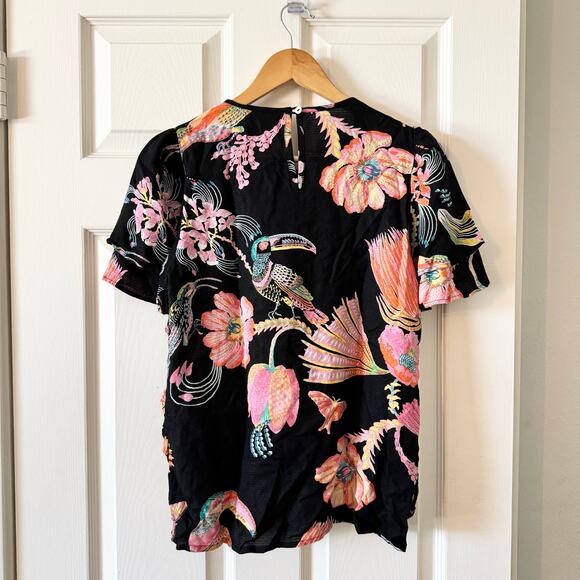 Anthropologie Banjanan Black Floral Bird Ruffle Blouse - Picture 6 of 8